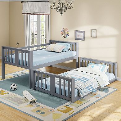 Trikiousd Twin Over Twin Floor Low Bunk Beds with Ladder and Guardrail for Kids