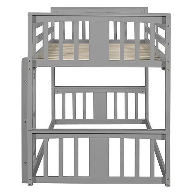 Trikiousd Twin Over Twin Floor Low Bunk Beds with Ladder and Guardrail for Kids