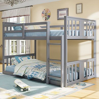 Trikiousd Twin Over Twin Floor Low Bunk Beds with Ladder and Guardrail for Kids
