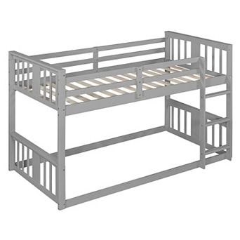 Trikiousd Twin Over Twin Floor Low Bunk Beds with Ladder and Guardrail for Kids