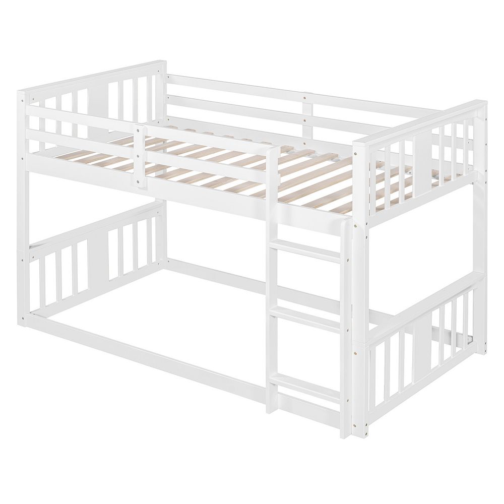 Trikiousd Twin Over Twin Floor Low Bunk Beds with Ladder and Guardrail ...