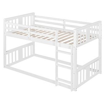 Trikiousd Twin Over Twin Floor Low Bunk Beds with Ladder and Guardrail for Kids