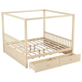 Trikiousd Wood Canopy Bed Platform Bed Frame with 2 Storage Drawers, No Box Spring Needed
