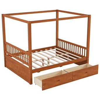 Trikiousd Wood Canopy Bed Platform Bed Frame with 2 Storage Drawers, No Box Spring Needed