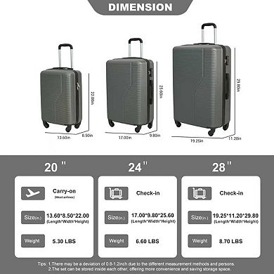 Trikiousd 3-Piece ABS Luggage Set with Spinner Wheels & TSA Lock