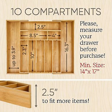Expandable 2.5" Deep Wood Silverware Drawer Organizer with Adjustable Dividers