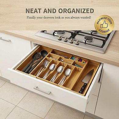 Expandable 2.5" Deep Wood Silverware Drawer Organizer with Adjustable Dividers