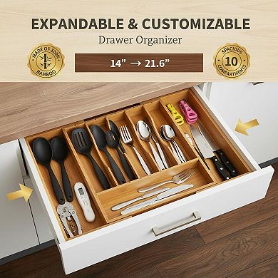 Expandable 2.5" Deep Wood Silverware Drawer Organizer with Adjustable Dividers