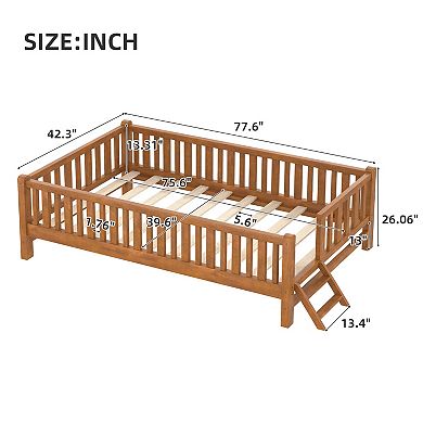 Trikiousd Twin Size Platform Bed Wood Montessori Bed Kids Bed Frame with Guardrail