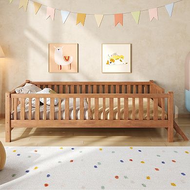 Trikiousd Twin Size Platform Bed Wood Montessori Bed Kids Bed Frame with Guardrail