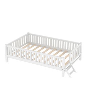 Trikiousd Twin Size Platform Bed Wood Montessori Bed Kids Bed Frame with Guardrail
