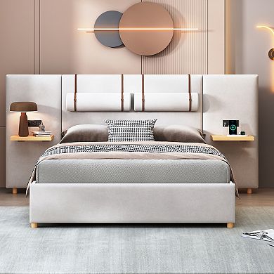 Trikiousd Upholstered Platform Bed with USB Ports, Power Outlets and Shelves