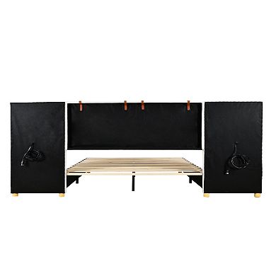 Trikiousd Upholstered Platform Bed with USB Ports, Power Outlets and Shelves