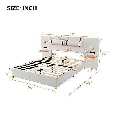 Trikiousd Upholstered Platform Bed with USB Ports, Power Outlets and Shelves