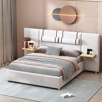 Trikiousd Upholstered Platform Bed with USB Ports, Power Outlets and Shelves