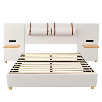 Trikiousd Upholstered Platform Bed with USB Ports, Power Outlets and Shelves