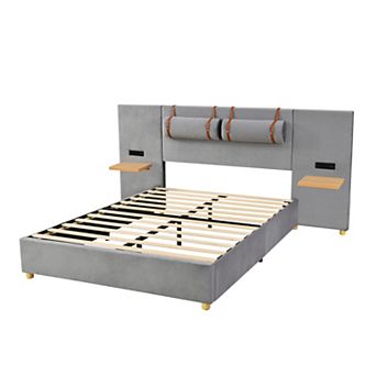 Trikiousd Upholstered Platform Bed with USB Ports, Power Outlets and Shelves