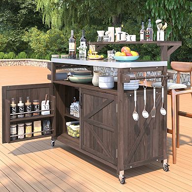 Pnronnc Rolling Grill Cart Solid Wood Storage Cabinet Outdoor Kitchen Island Carts
