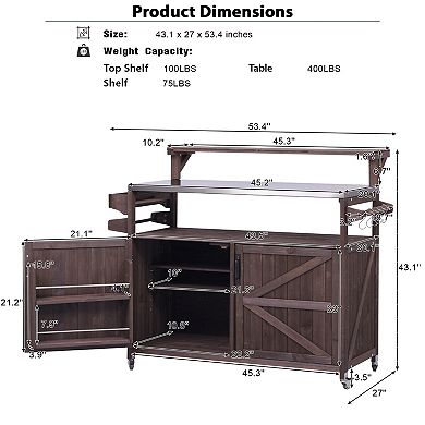 Pnronnc Rolling Grill Cart Solid Wood Storage Cabinet Outdoor Kitchen Island Carts