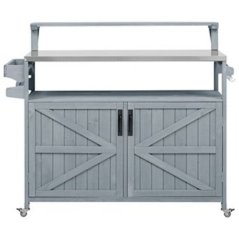 Pnronnc Rolling Grill Cart Solid Wood Storage Cabinet Outdoor Kitchen Island Carts