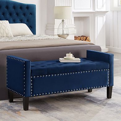 Trikiousd Tufted Storage Bench with Armrests Nail Trim Upholstered Entryway Bench