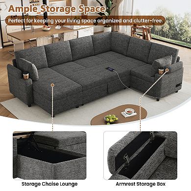 Trikiousd 109.9" U-Shaped Sleeper Sectional Sofa with Storage and USB Ports