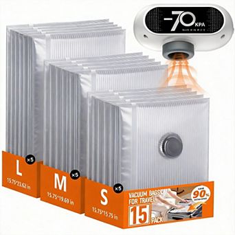 Travel Vacuum Bags 15 Pack Wireless Pump 70kpa Suction Clothes Blankets Storage Home Luggage