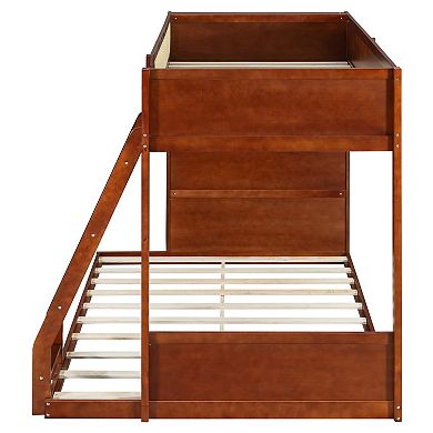 Trikiousd Twin Over Full Size Solid Wood Bunk Bed with Storage Bookshelf, LED & Rattan Guardrail