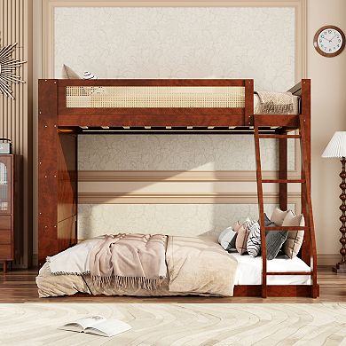 Trikiousd Twin Over Full Size Solid Wood Bunk Bed with Storage Bookshelf, LED & Rattan Guardrail