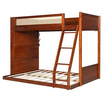 Trikiousd Twin Over Full Size Solid Wood Bunk Bed with Storage Bookshelf, LED & Rattan Guardrail