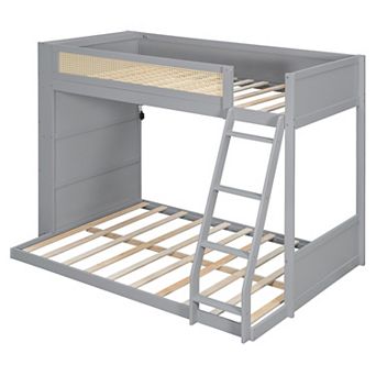 Trikiousd Twin Over Full Size Solid Wood Bunk Bed with Storage Bookshelf, LED & Rattan Guardrail