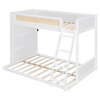 Trikiousd Twin Over Full Size Solid Wood Bunk Bed with Storage Bookshelf, LED & Rattan Guardrail