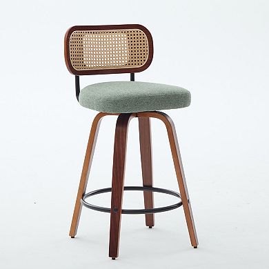 Trikiousd Swivel Bar Stools Set of 3, Linen Upholstered Kitchen Island Chairs Cane Rattan Back