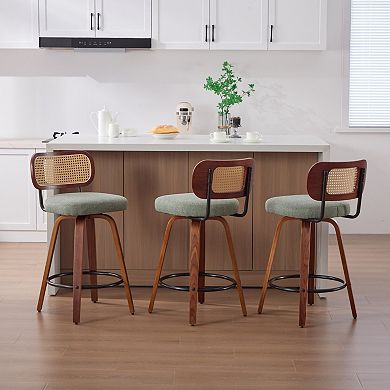 Trikiousd Swivel Bar Stools Set of 3, Linen Upholstered Kitchen Island Chairs Cane Rattan Back