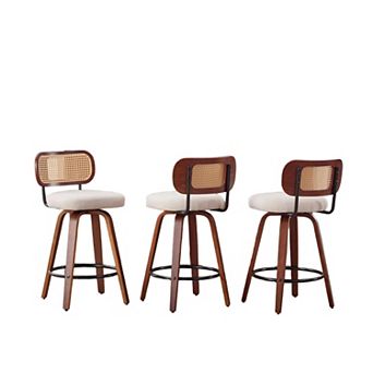 Trikiousd Swivel Bar Stools Set of 3, Linen Upholstered Kitchen Island Chairs Cane Rattan Back