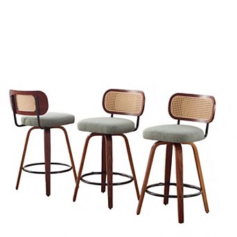 Trikiousd Swivel Bar Stools Set of 3, Linen Upholstered Kitchen Island Chairs Cane Rattan Back