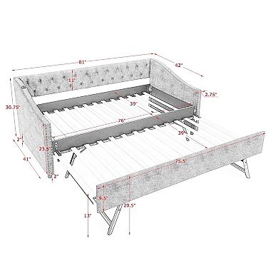 Trikiousd Upholstered Daybed w/ Trundle & USB, Extendable Sofabed Frame Button Tufted Backrest