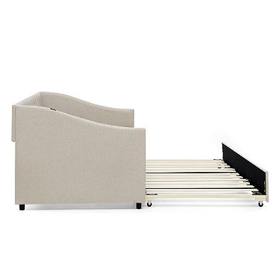 Trikiousd Upholstered Daybed w/ Trundle & USB, Extendable Sofabed Frame Button Tufted Backrest