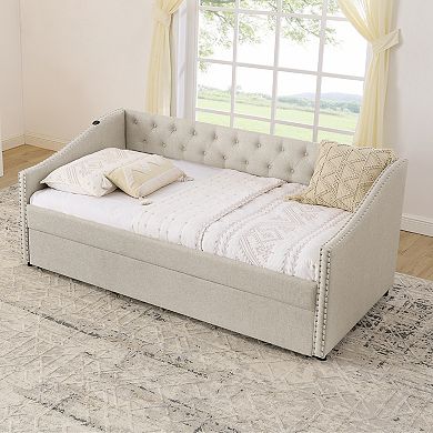 Trikiousd Upholstered Daybed w/ Trundle & USB, Extendable Sofabed Frame Button Tufted Backrest