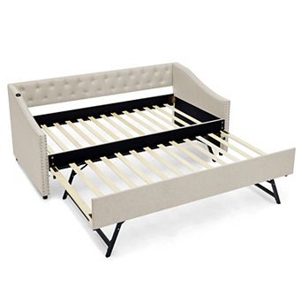 Trikiousd Upholstered Daybed w/ Trundle & USB, Extendable Sofabed Frame Button Tufted Backrest
