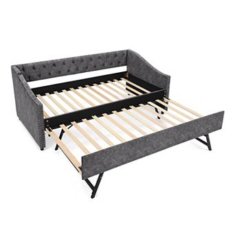 Trikiousd Upholstered Daybed w/ Trundle & USB, Extendable Sofabed Frame Button Tufted Backrest