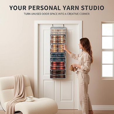 Hanging Yarn Storage Organizer 6 Compartments Over Door Clear Window Breathable Fabric