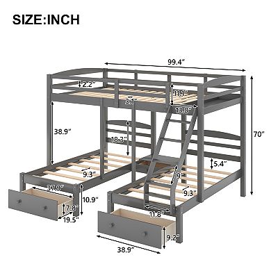 Trikiousd Pine Wood Full over Twin & Twin Triple Bunk Bed with Storage Drawers for 3 Kids