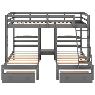Trikiousd Pine Wood Full over Twin & Twin Triple Bunk Bed with Storage Drawers for 3 Kids