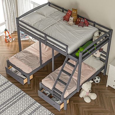 Trikiousd Pine Wood Full over Twin & Twin Triple Bunk Bed with Storage Drawers for 3 Kids