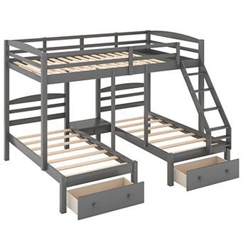 Trikiousd Pine Wood Full over Twin & Twin Triple Bunk Bed with Storage Drawers for 3 Kids