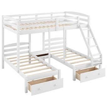 Trikiousd Pine Wood Full over Twin & Twin Triple Bunk Bed with Storage Drawers for 3 Kids