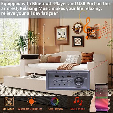 Trikiousd Upholstered Daybed with Trundle, Storage Armrests and Bluetooth Audio
