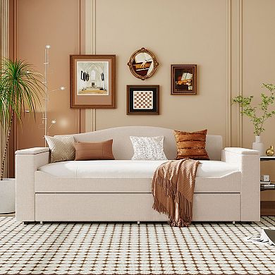 Trikiousd Upholstered Daybed with Trundle, Storage Armrests and Bluetooth Audio