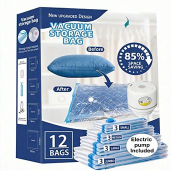 12 Pack Vacuum Storage Bags w/Electric Pump Space Saver for Clothes Blankets Travel Home Organizing